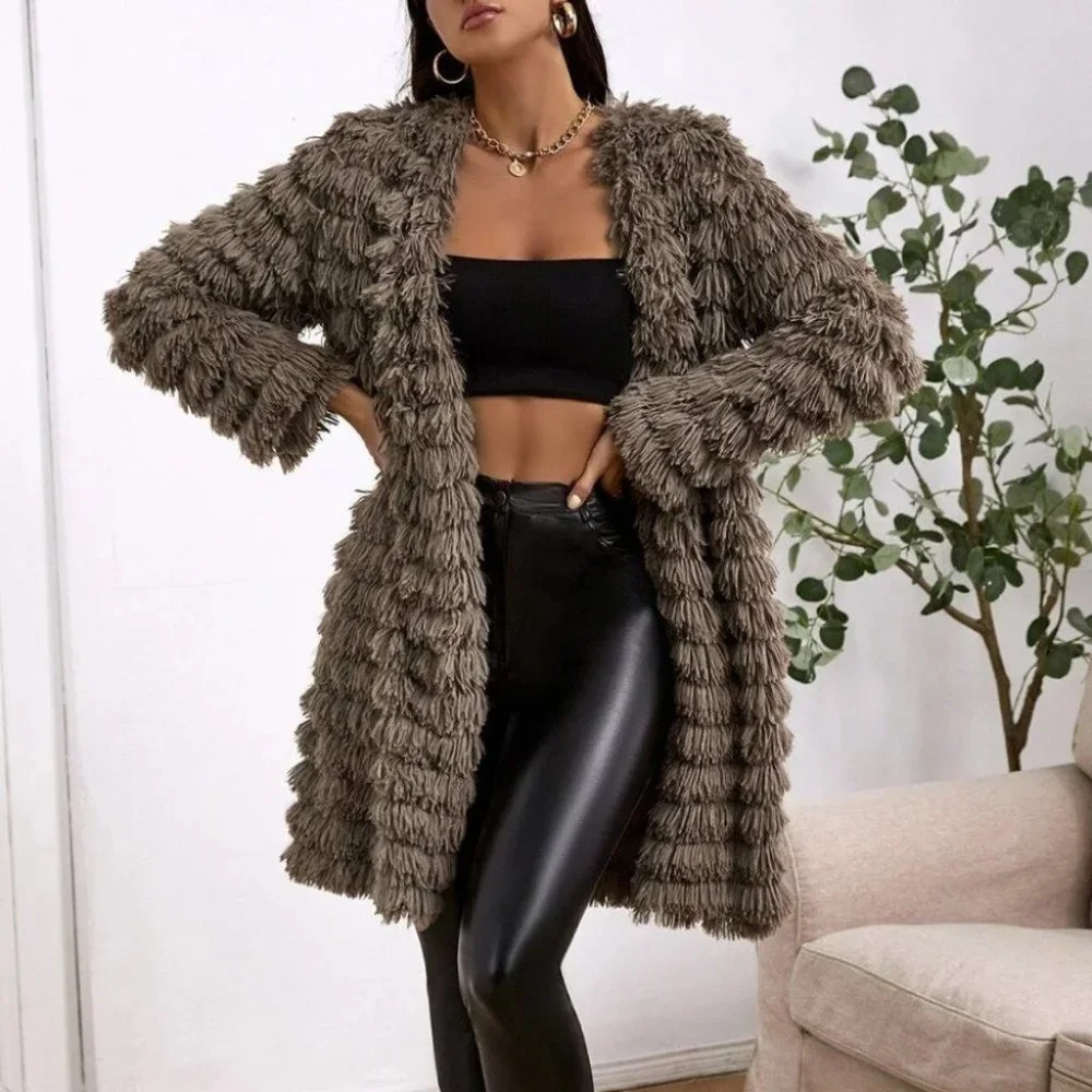 Fun & Fabulous Fuzzy faux fur Open Front Coat trendy Brown